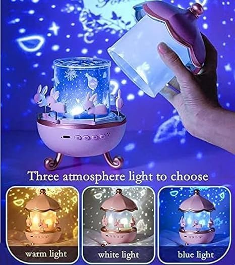 STEFLON Children's Night Light Rabbit Sky Projector – 360° Rotating LED Galaxy Projector with 6 Film Sets & 5 Colors – Star Projection Lamp for Kids Room, Nursery, Bedroom – Magical Bunny Night Light.