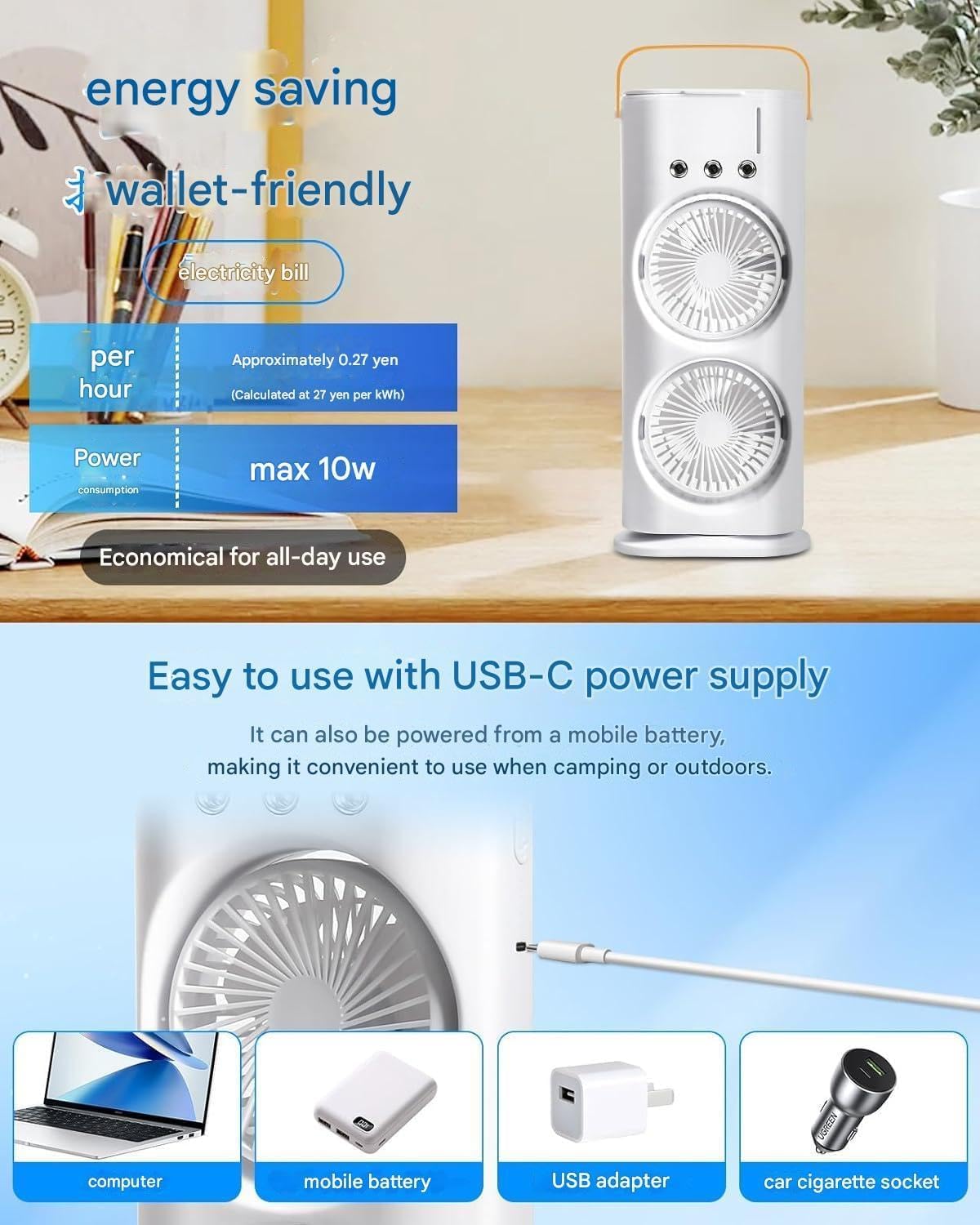PESOMA Portable Double Ended Mist Spray Fan for Summer Mini Air Cooler for Room Cooling, USB Rechargeable Mini AC Air Cooler Misting Fans With 280ml Water, 3 Wind Speeds-Double