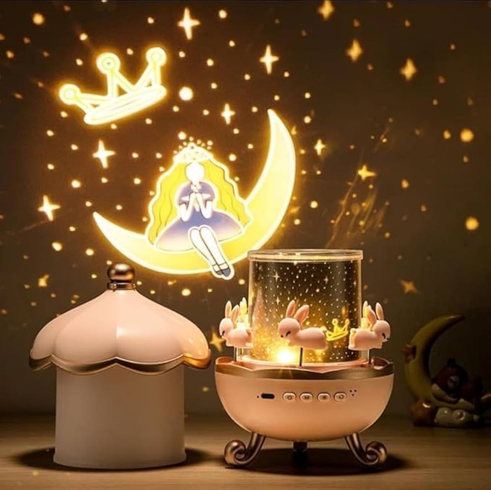 STEFLON Children's Night Light Rabbit Sky Projector – 360° Rotating LED Galaxy Projector with 6 Film Sets & 5 Colors – Star Projection Lamp for Kids Room, Nursery, Bedroom – Magical Bunny Night Light.
