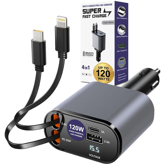 120W Retractable Car Charger | 4-in-1 Fast Charging | USB-C & Lightning | Multi-Device Charger for iPhone & Android