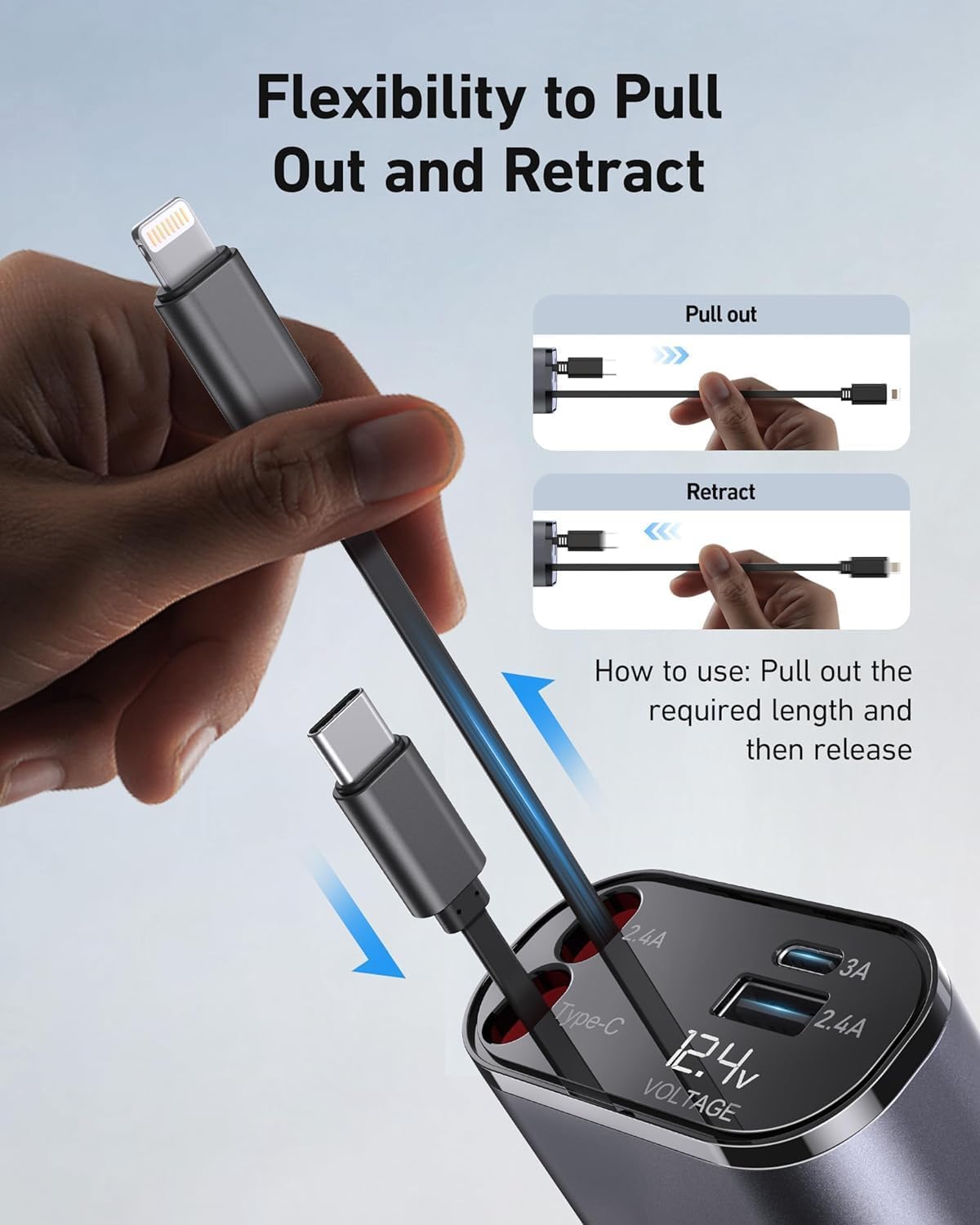 120W Retractable Car Charger | 4-in-1 Fast Charging | USB-C & Lightning | Multi-Device Charger for iPhone & Android