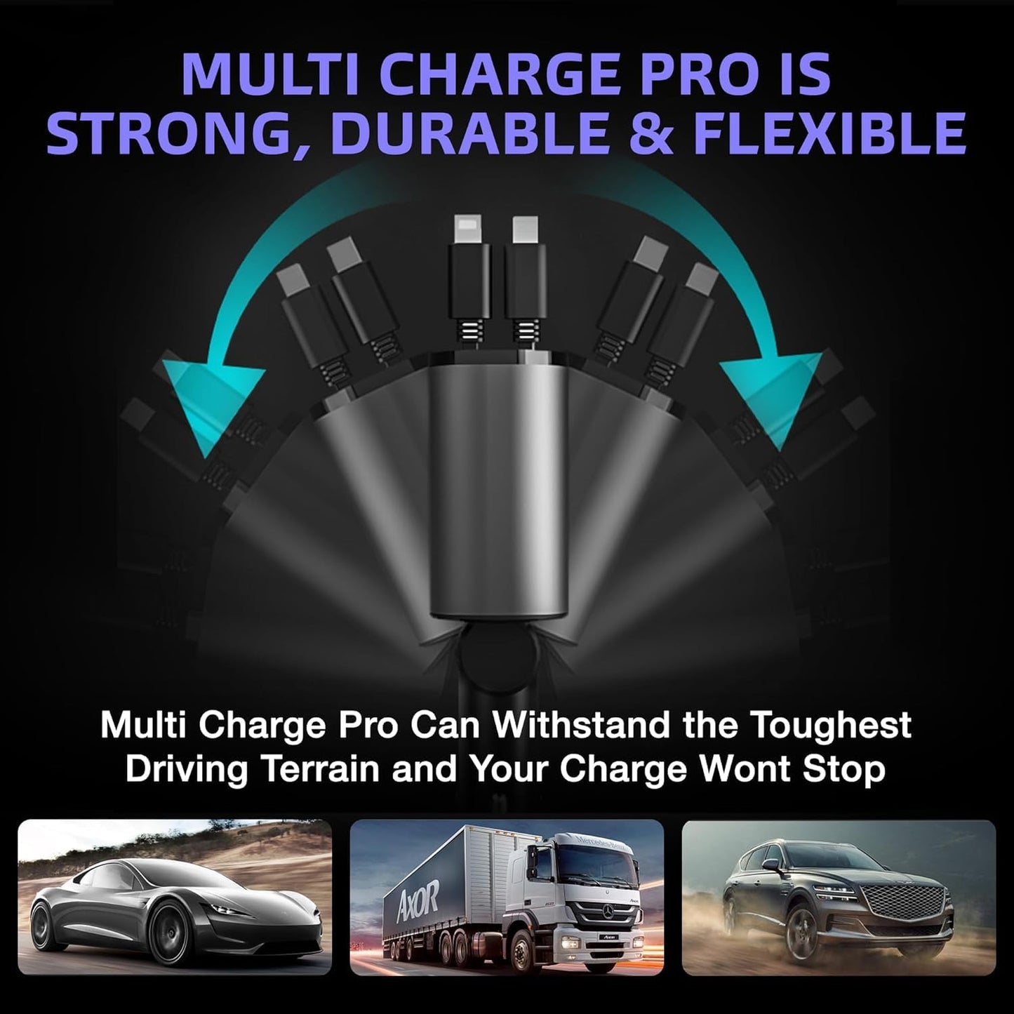 120W Retractable Car Charger | 4-in-1 Fast Charging | USB-C & Lightning | Multi-Device Charger for iPhone & Android