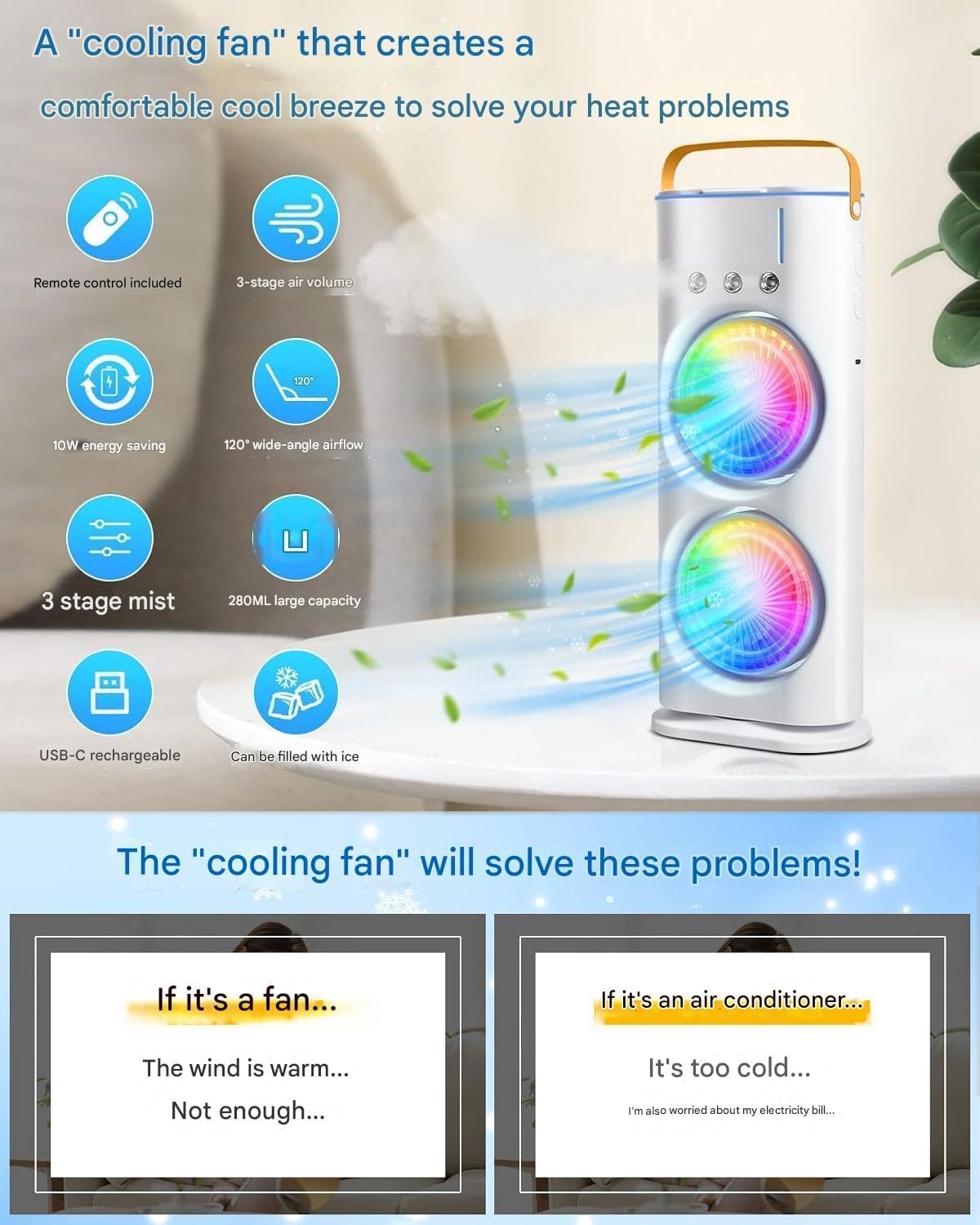 PESOMA Portable Double Ended Mist Spray Fan for Summer Mini Air Cooler for Room Cooling, USB Rechargeable Mini AC Air Cooler Misting Fans With 280ml Water, 3 Wind Speeds-Double
