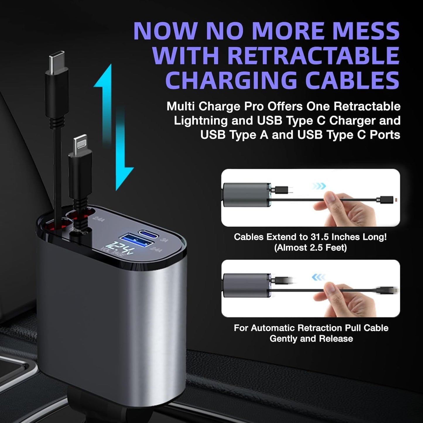 120W Retractable Car Charger | 4-in-1 Fast Charging | USB-C & Lightning | Multi-Device Charger for iPhone & Android